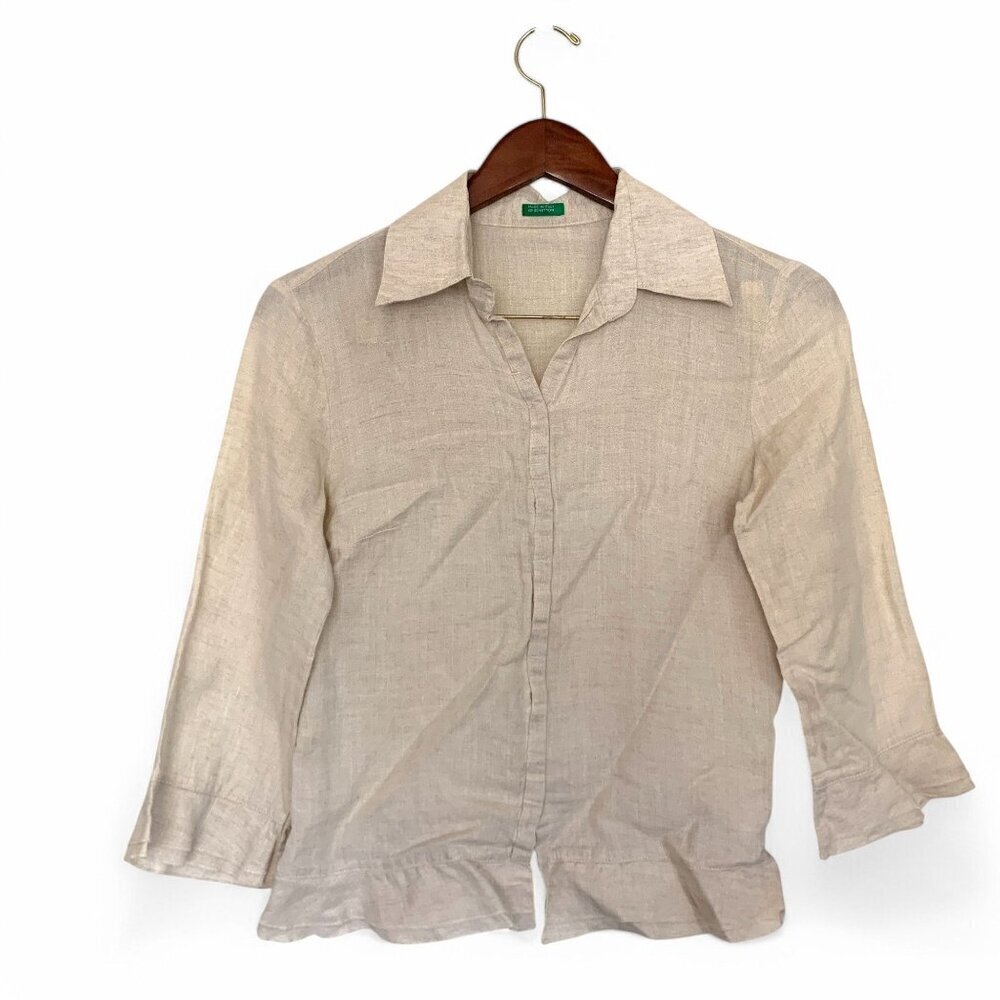 Benetton Women's 3/4 Sleeve Linen Shirt With Peplum Natural Beige Size Small
